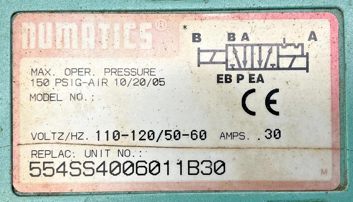 Used Numatics 554SS4006011B30 Solenoid Valve 150PSIG-Air 0.30A 110/120V 50/60HZ