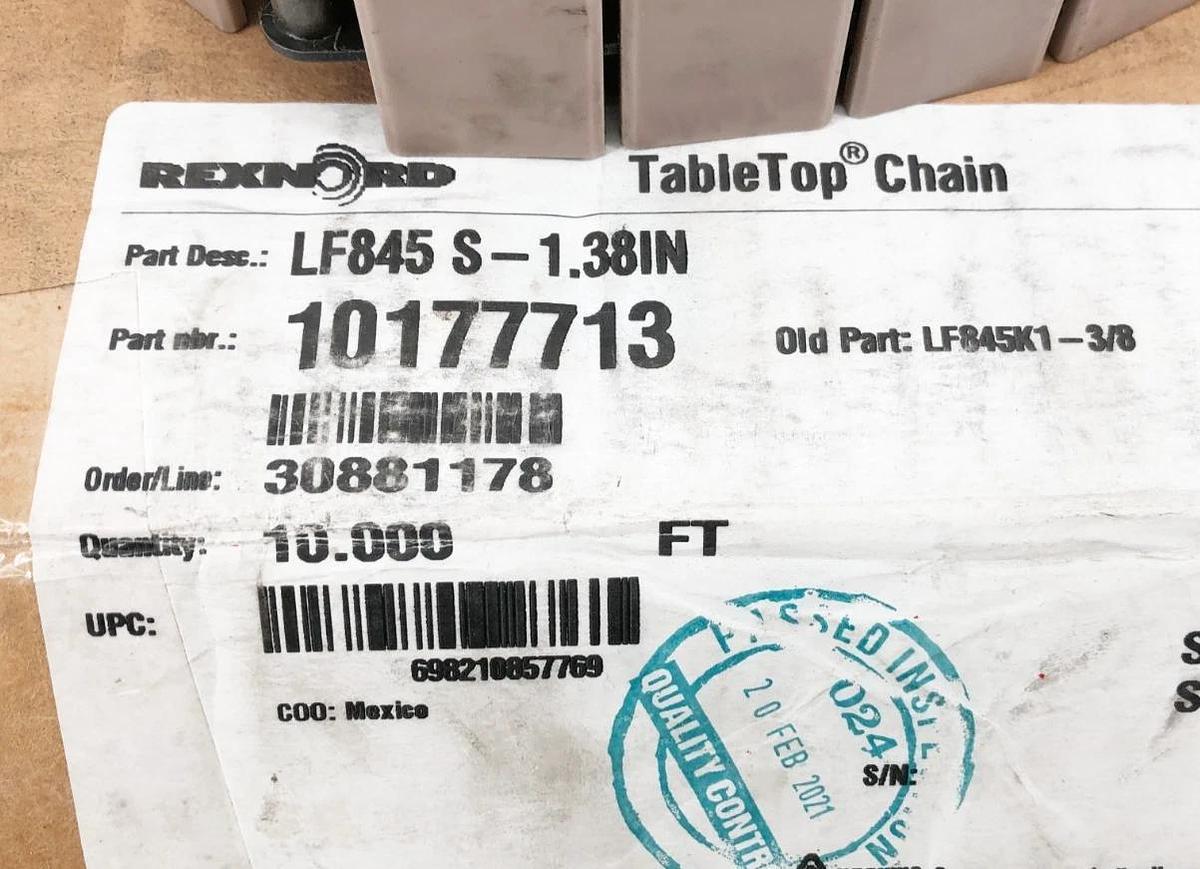 New Rexnord LF845 S-1.38IN TableTop Chain 10177713 10 FT. LF845K1-3/8