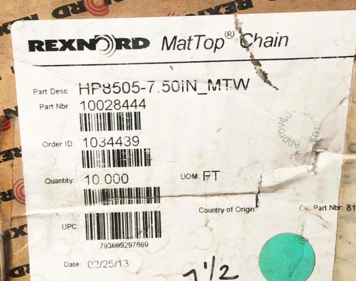 New Rexnord HP8505-7.5IN MTW MatTop Chain 10 FT. 10028444 81418391