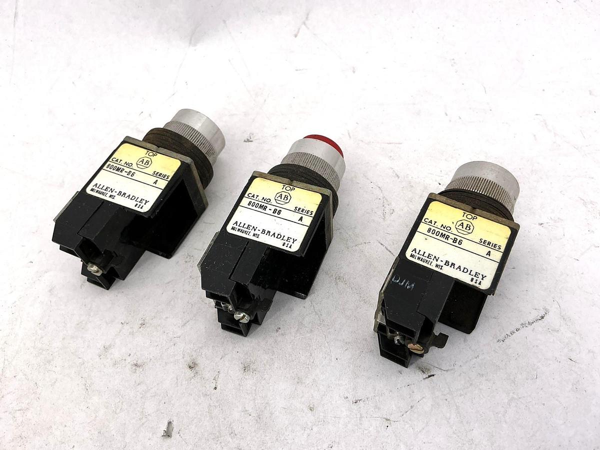 Used Lot of 3 Allen Bradley 800MR-B6 Ser A Pushbutton w/ 800M-XD2S Contact Block
