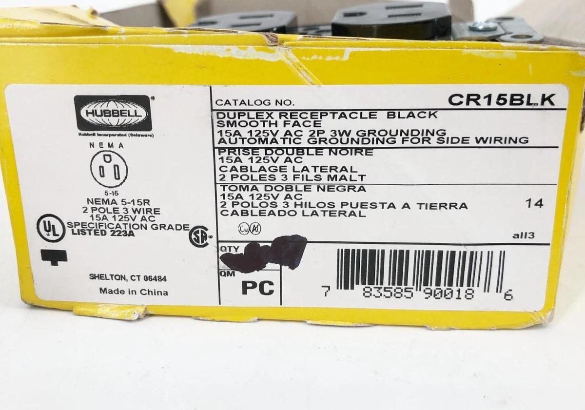 Box of 7 New Hubbell CR15BLK Duplex Receptacles 15A 125VAC 2P 2LBR8