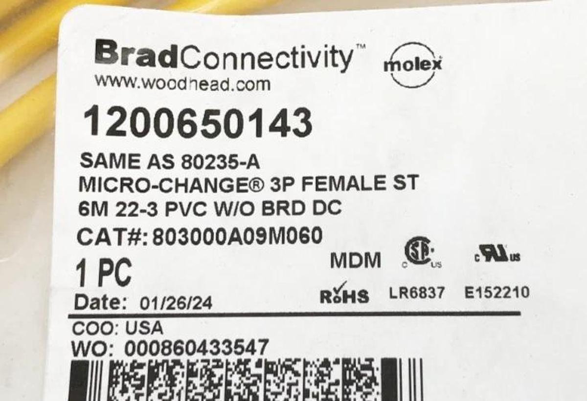 New Brad Connectivity 1200650143 Cable 3P Female ST 6m 803000A09M060