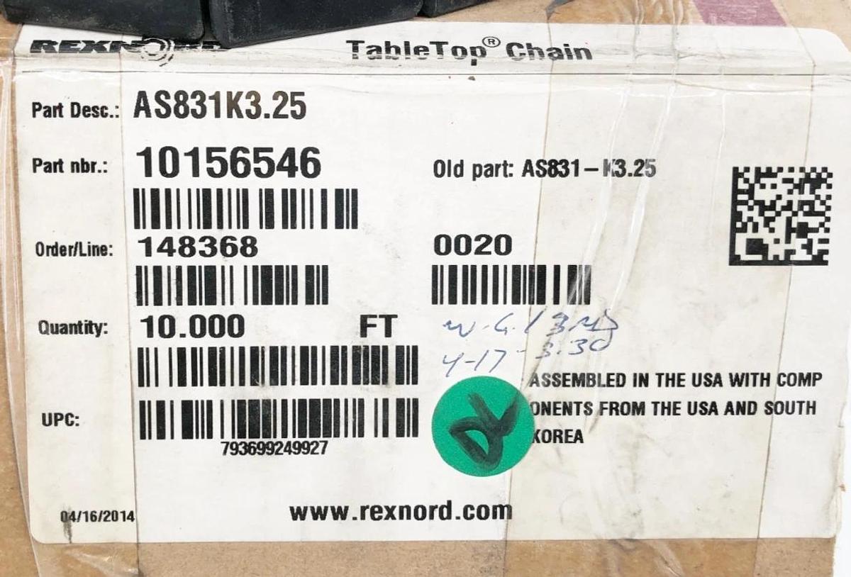New Rexnord AS831K3.25 TableTop Chain 10 FT. 10156546 AS831-K3.25