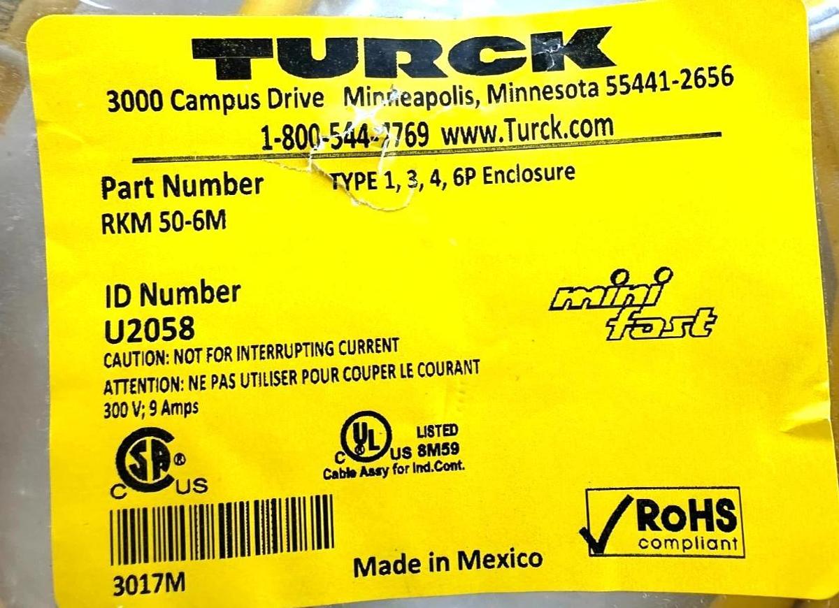 New Turck RKM-50-6M Single End Cable U2058 Female Connector 7/8" Minifast