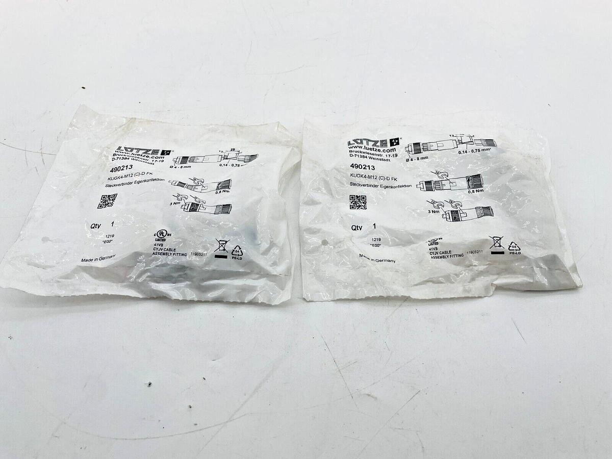 Lot of 2 New Lutze 490213 M12 Connector Female Straight KUGK4-M12 (C)-D FK