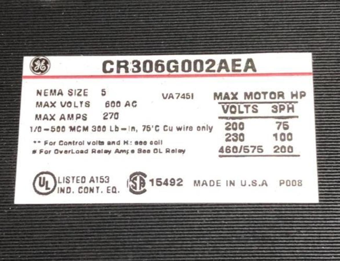 New General Electric CR306G002AEA Non-Rev Starter 270A 600VAC Size 5 120V Coil