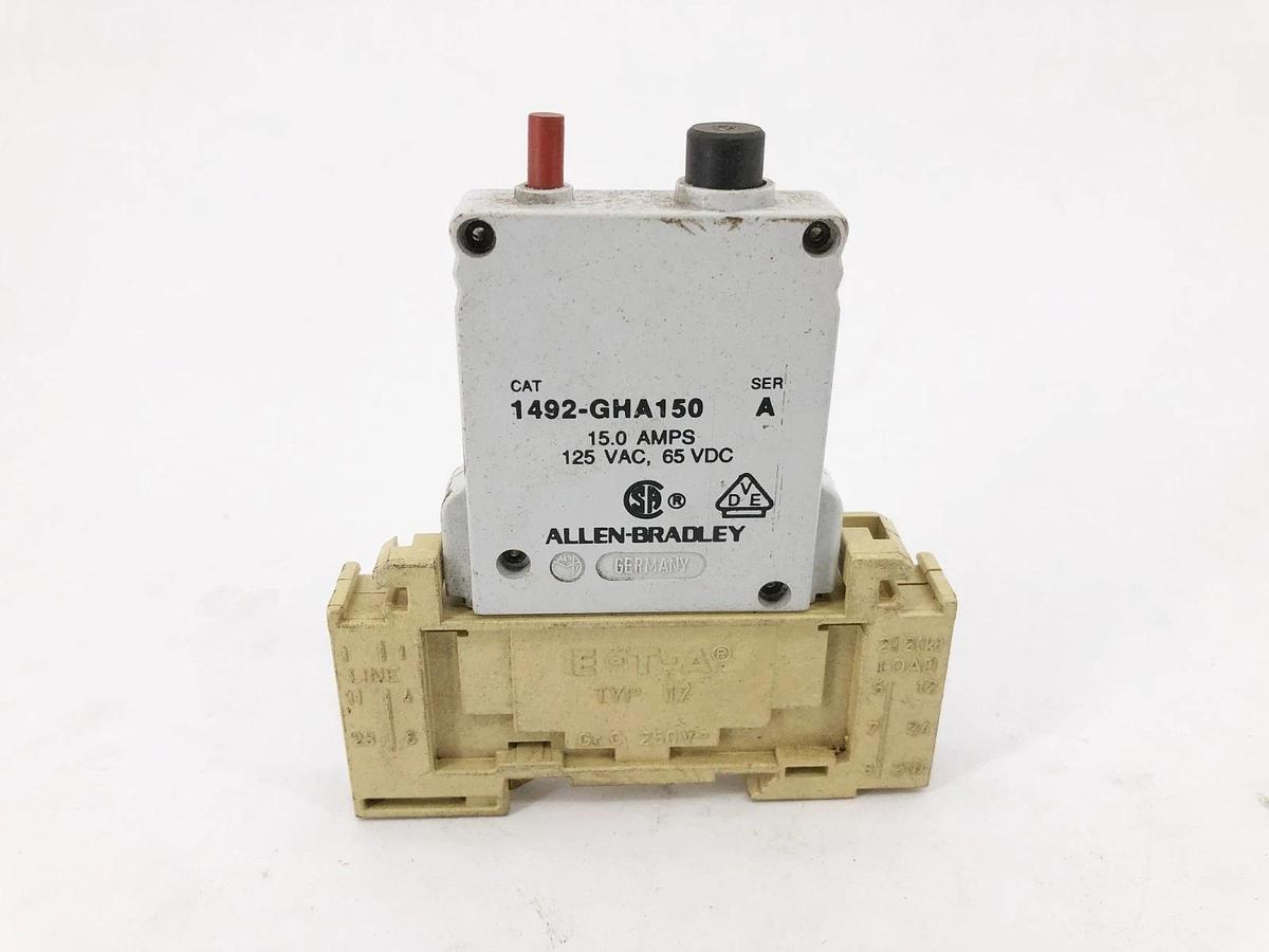 Used Allen-Bradley 1492-GHA150 Ser. A Circuit Breaker with ETA Base 15A 125VAC 65VDC