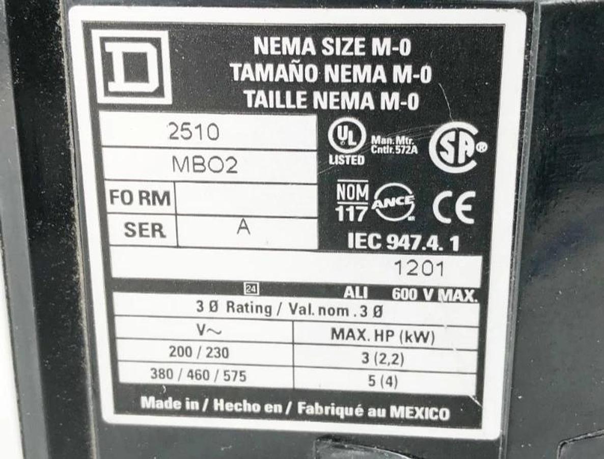 Used Square D 2510MBO2 Manual Non-Reversing Starter 575VAC 5HP Size M-0