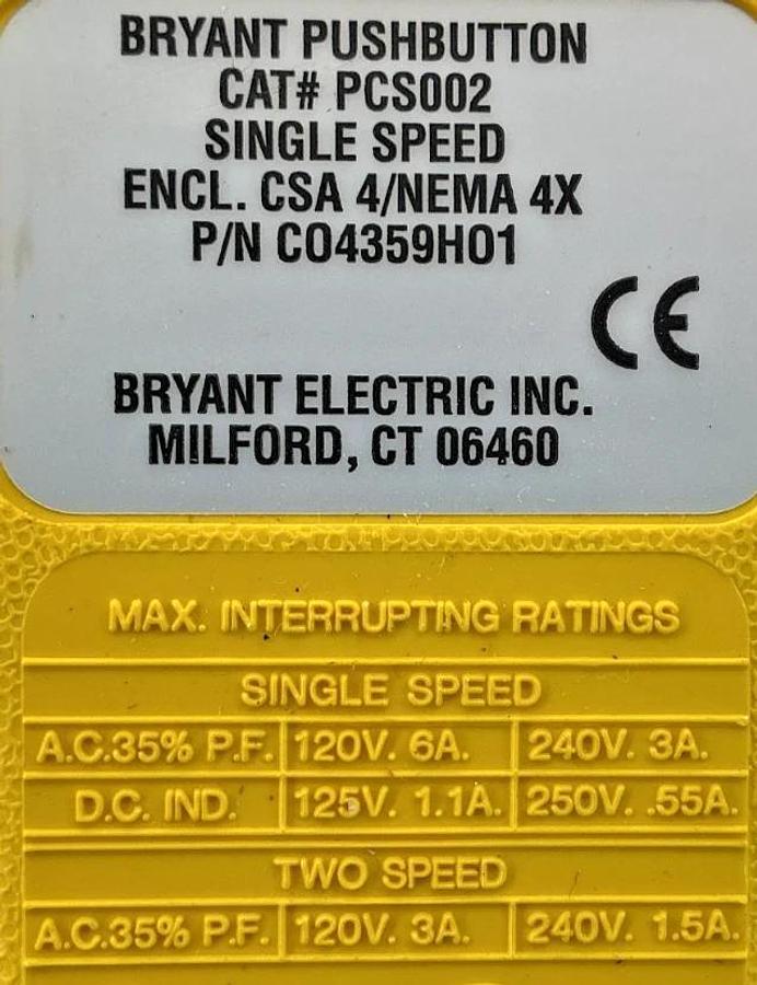 New Bryant PCS002 Compact Pushbutton Pendant Station Yellow Single Speed 240V