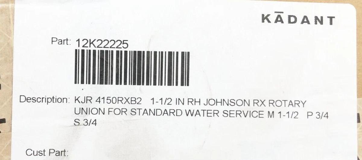New Kadant 12K22225 1-1/2" Dual Flow Rotary Union Right Hand KJR 4150RXB2