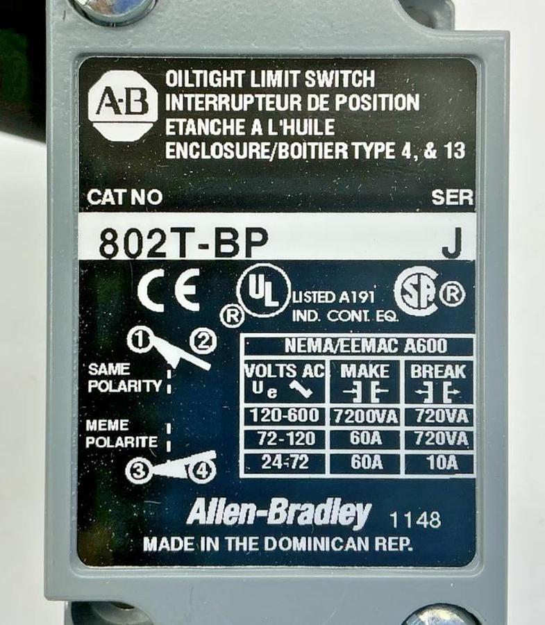 New Allen Bradley 802T-BP Ser J Oiltight Limit Switch 10A 600VAC 802TBP
