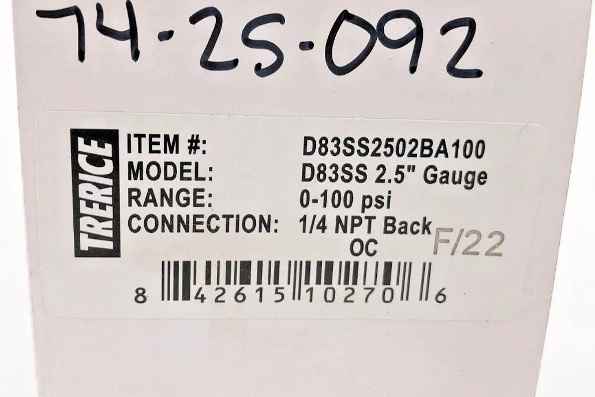 New Trerice D83SS2502BA100 Pressure Gauge D83SS 2.5" -100psi 1/4" NPT Back