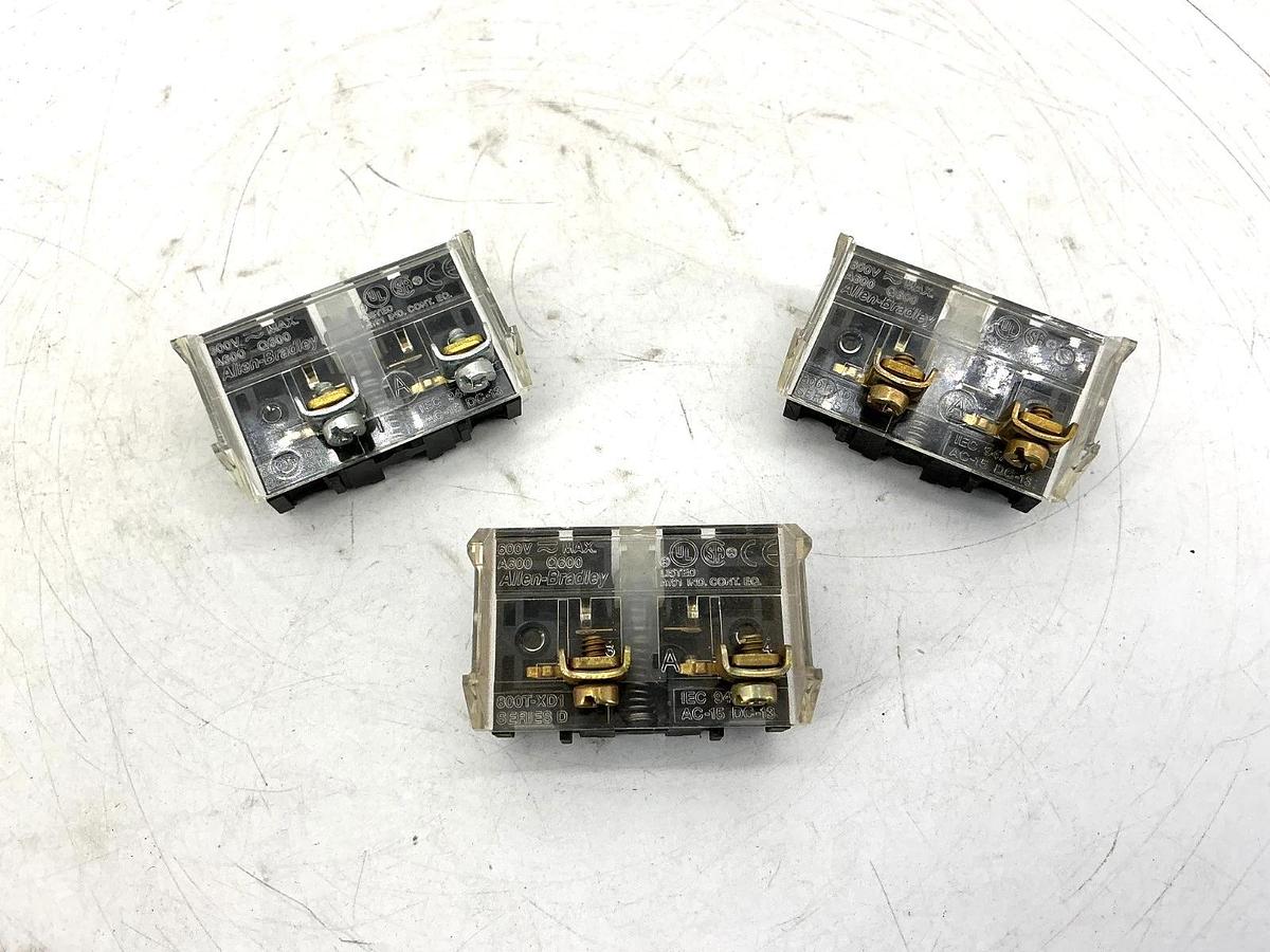 Used Lot of 3 Allen Bradley 800T-XD1 Ser D Shallow Contact Block 1-NO 10A 600V