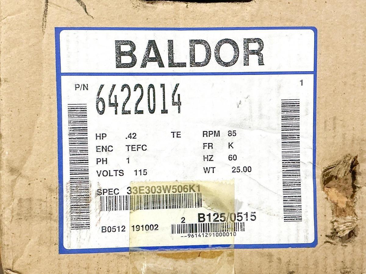 New Baldor 6422014 Gear Motor .42 HP 1PH 115V 20:1 Ratio 85RPM 33E303W506K1