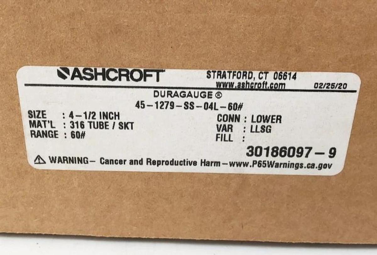 New Ashcroft 45-1279-SS-04L-60# Gauge 4-1/2" 60psi 1/2" LM