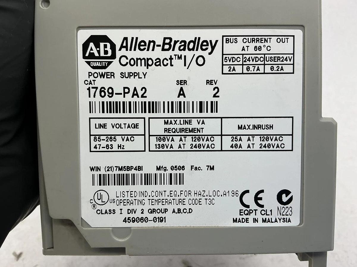 Used Allen Bradley 1769-PA2 Ser A Rev 2 Compact I/O Power Supply 120/240VAC Input