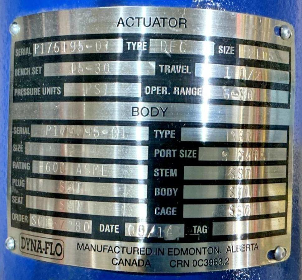 New Dyna-Flo DFC Actuator Size 2105 Travel 1-1/2 6-30PSI Body Type-360 Size 3