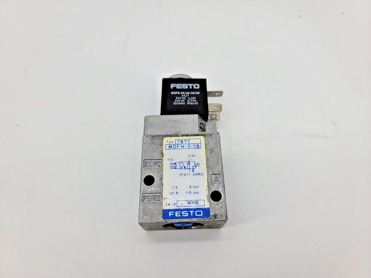 Used Festo MOFH-3-1/8 Solenoid Valve W/ 24VDC Coil 8 Bar 116 PSI 7877