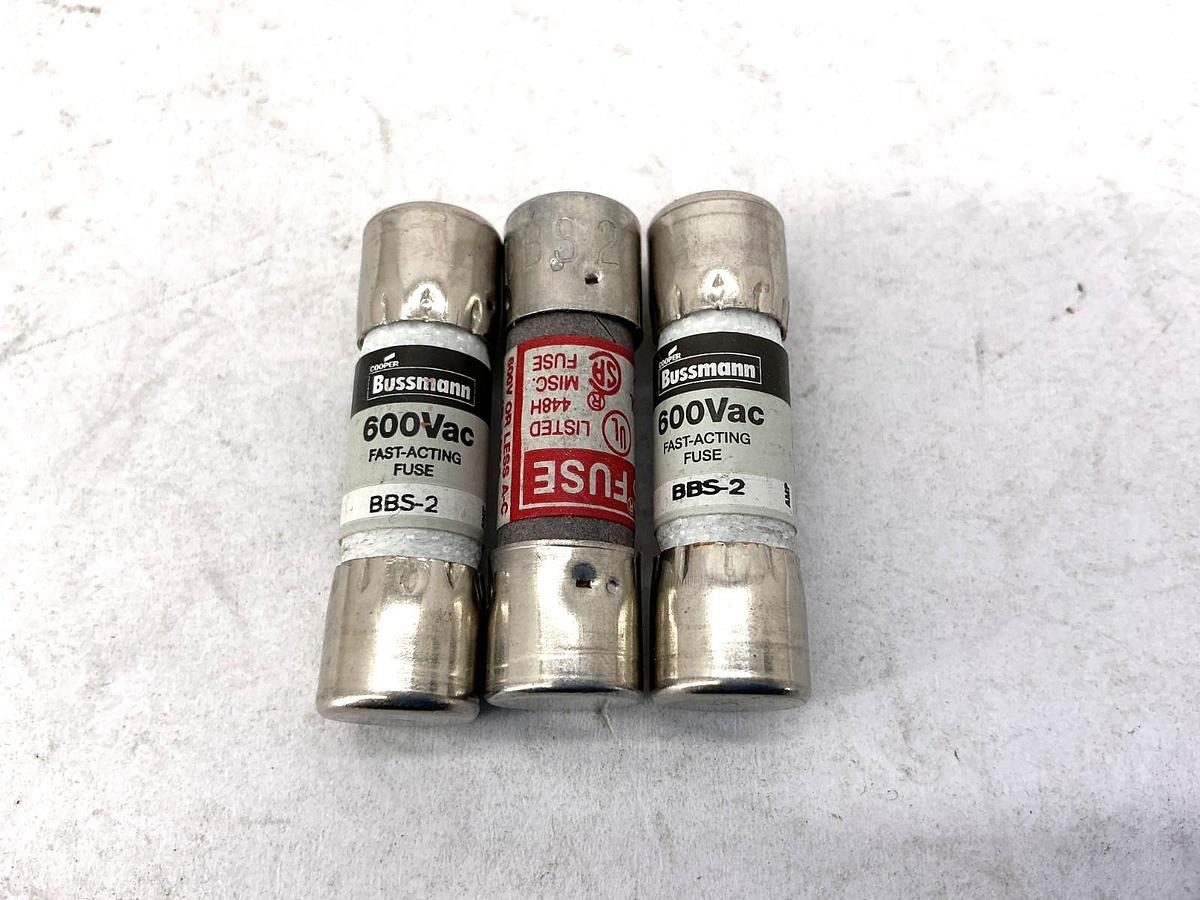 Lot of 3 New Bussmann BBS-2 600Vac Fast-Acting Fuse 2A 600V