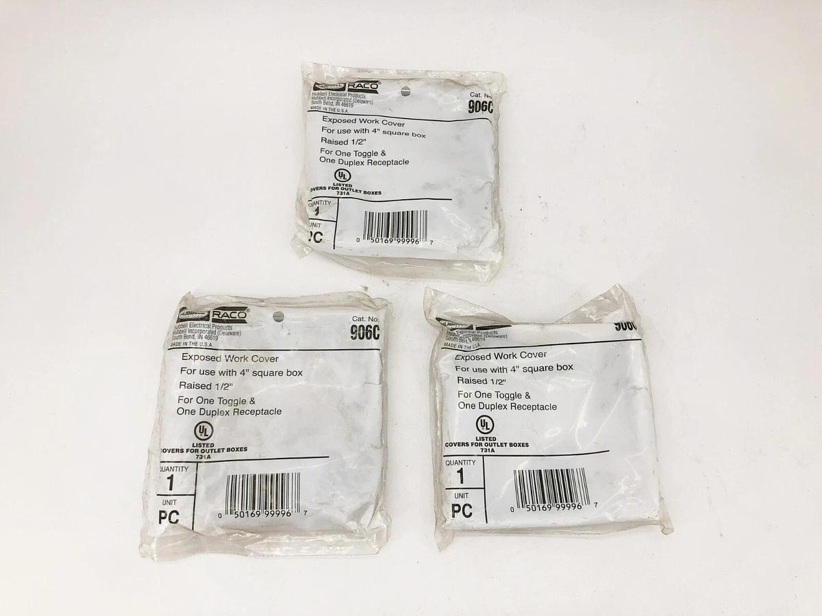 Lot of 3 New Hubbell Raco 906C 4" Covers For One Toggle & One Duplex Receptacle