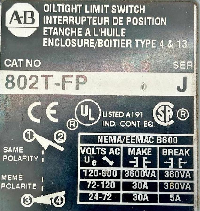 Used Allen Bradley 802T-FP Limit Switch - Main Body Only - No Box