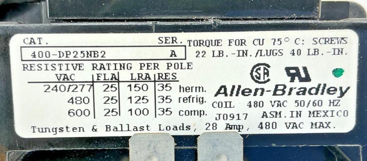 New Allen Bradley 400-DP25NB2 Ser A Definite Purpose Contactor 2P 480V 50/60HZ