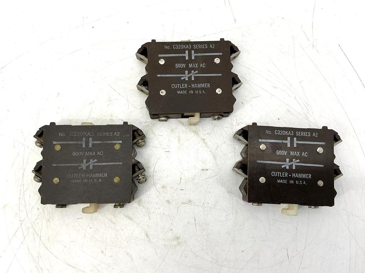Used Lot of 3 Cutler-Hammer C320KA3 Ser A2 Base Auxiliary Contact 1NO/1NC 600VAC