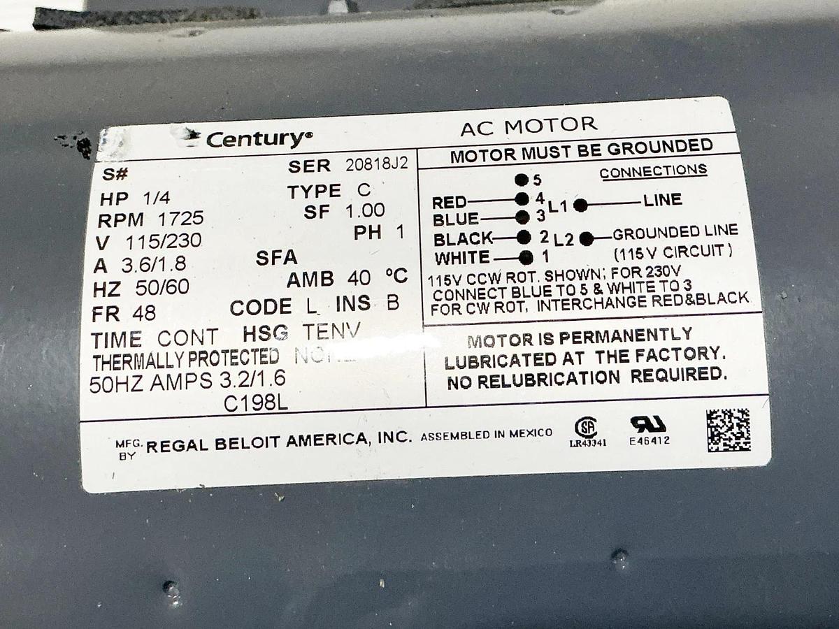 New Century C198L Electric Motor 1/4HP 1725RPM 115/230V 3.6A 1PH 20818J2- No Box
