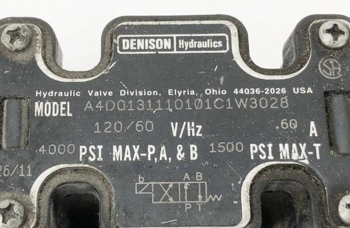 Used Denison Hydraulics A4D0131110101C1W3028 Valve 120V 60Hz 0.60A 4000psi