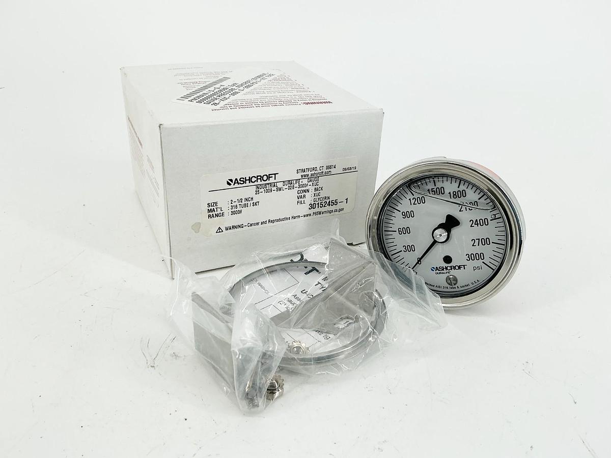 New Ashcroft 25-1009-SWL-02B-3000#-XUC Pressure Gauge 2-1/2" 3000PSI 316 Tube