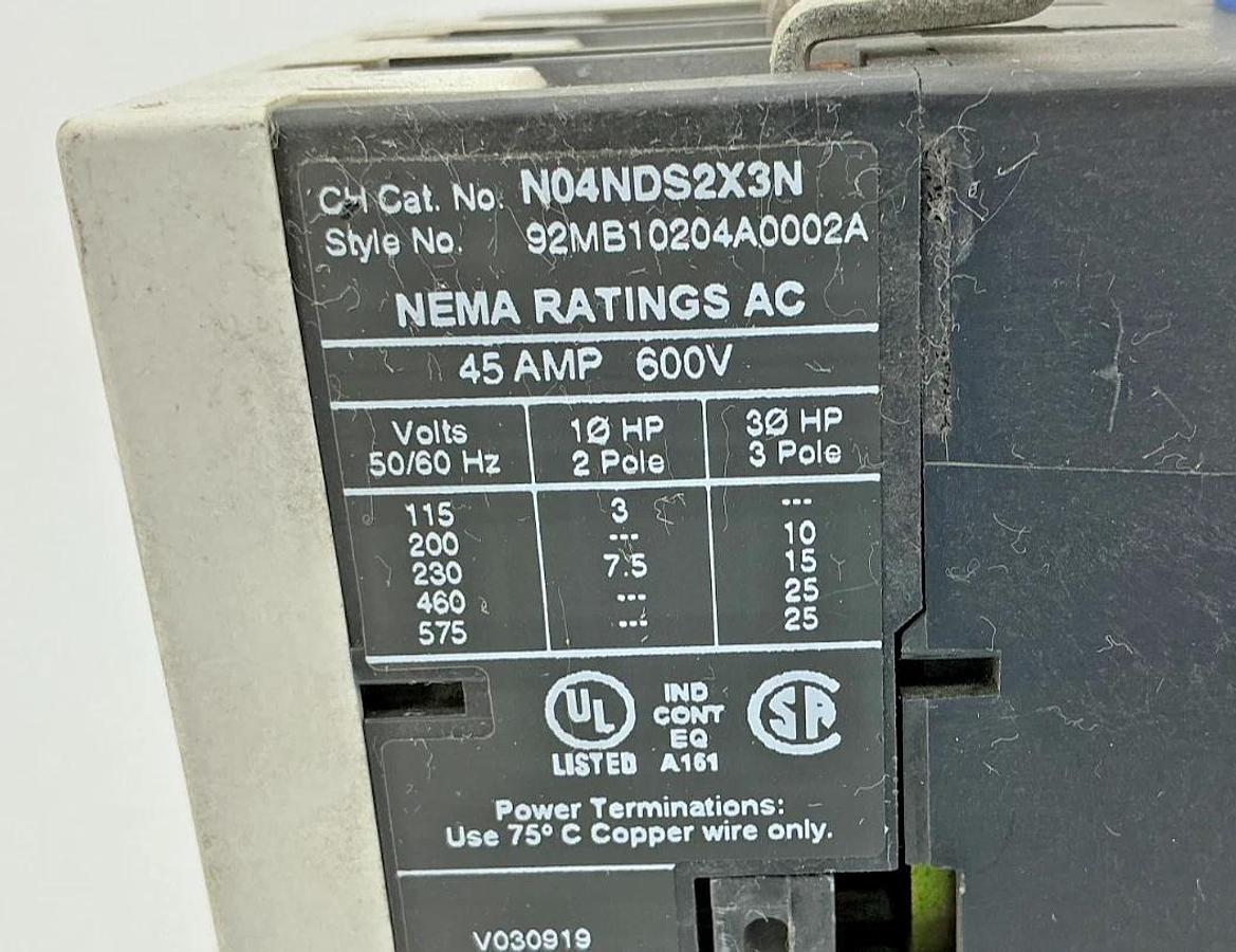 Used Eaton Cutler-Hammer N101DS2K3A Starter 3P 45A N04NDS2X3N N05NDXRK3A