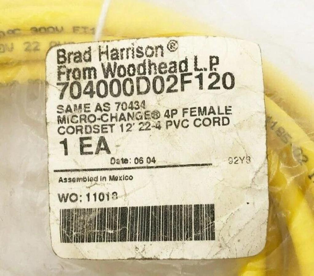 New Brad Harrison 704000D02F120 Cordset 4P Female 12FT. 22-4 PVC 70434