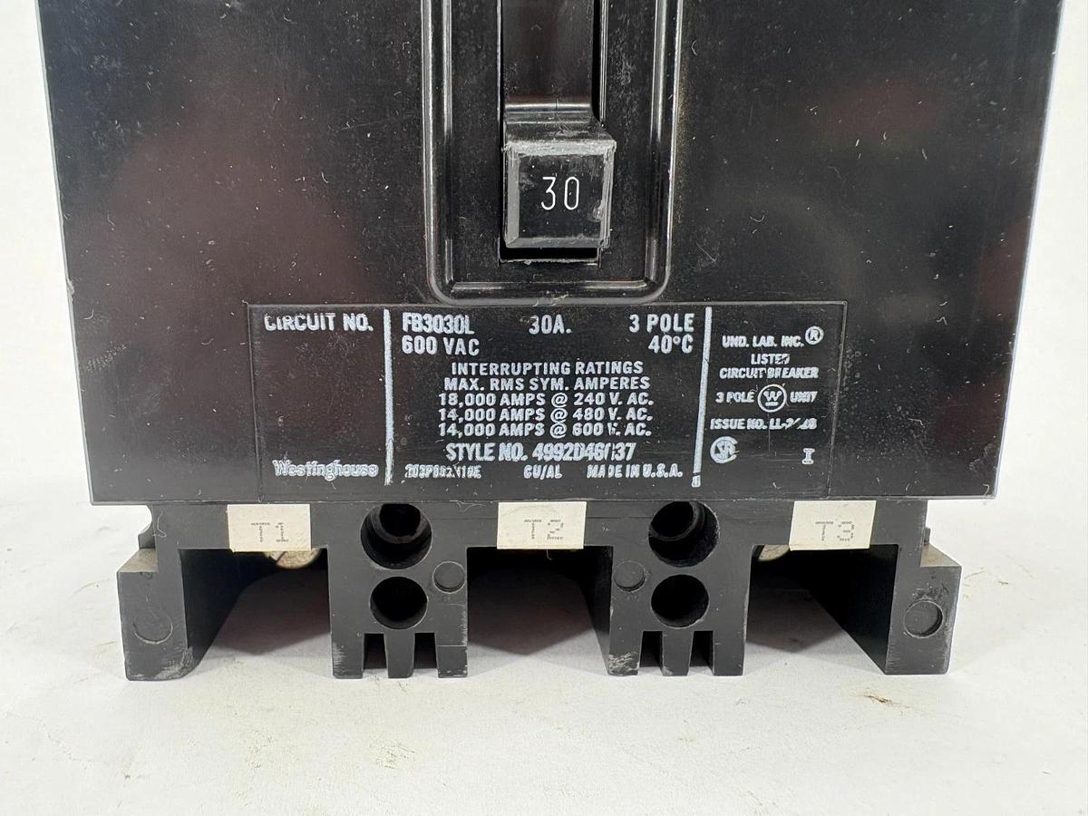 Used Westinghouse FB3030L 30A Circuit Breaker 600VAC 3-Pole