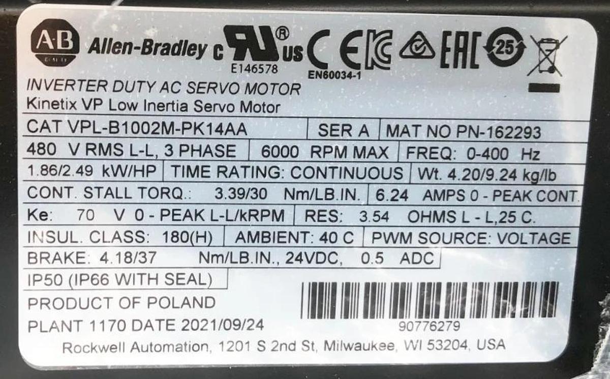 New Allen Bradley VPL-B1002M-PK14AA Ser. A Kinetix VP Low Inertia Servo Motor