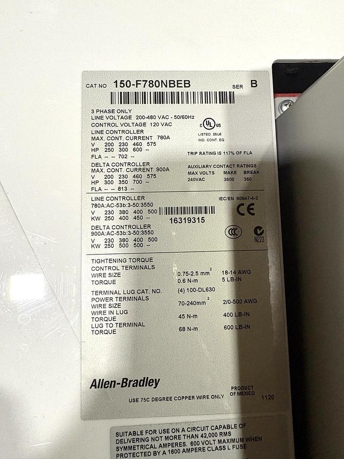 Allen Bradley 150-F780NBEB Ser. B SMC-Flex Soft Starter 480V 600HP 780A Max