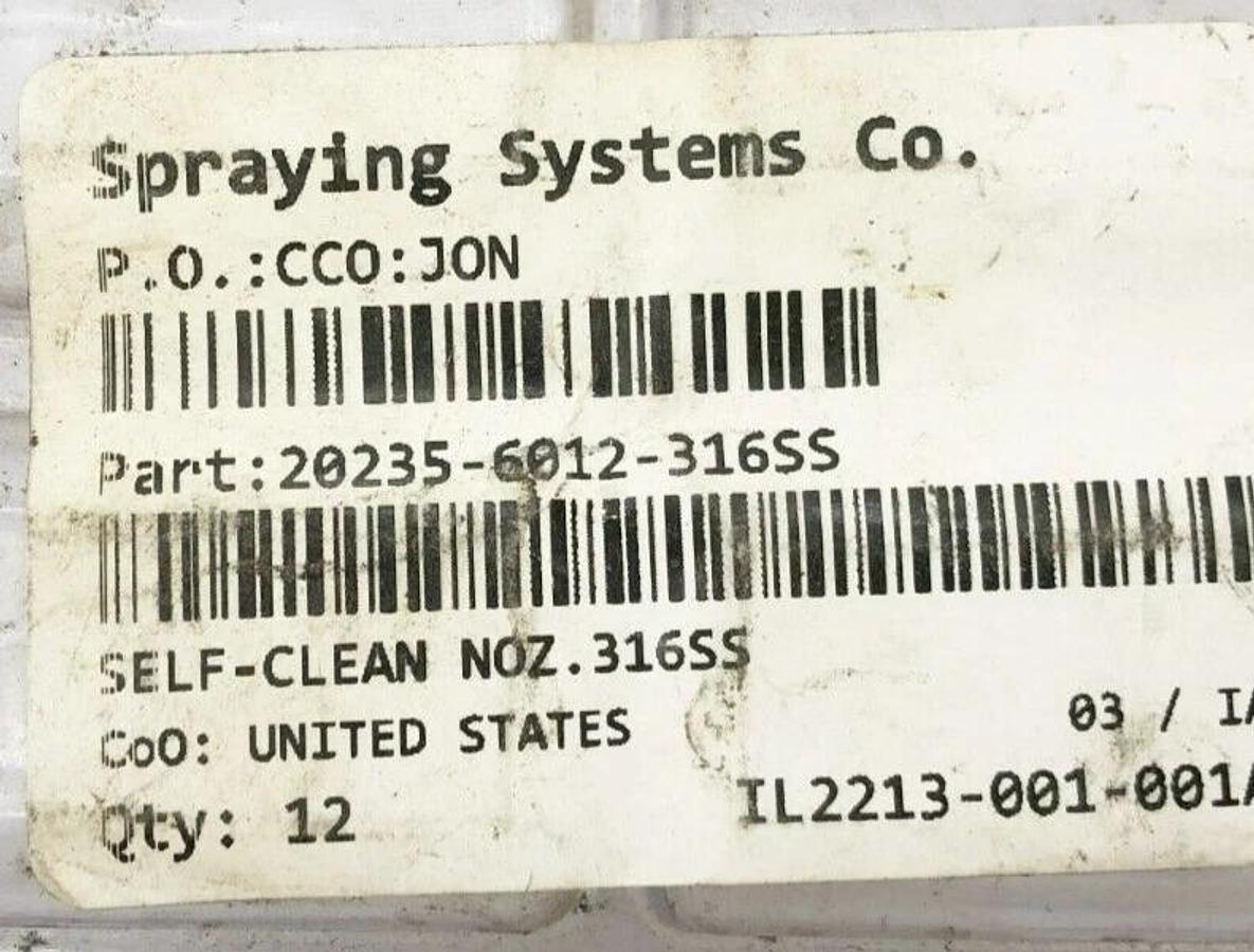 Lot of 5 New Spraying Systems 20235-6012-316SS Self Cleaning Nozzles Stainless