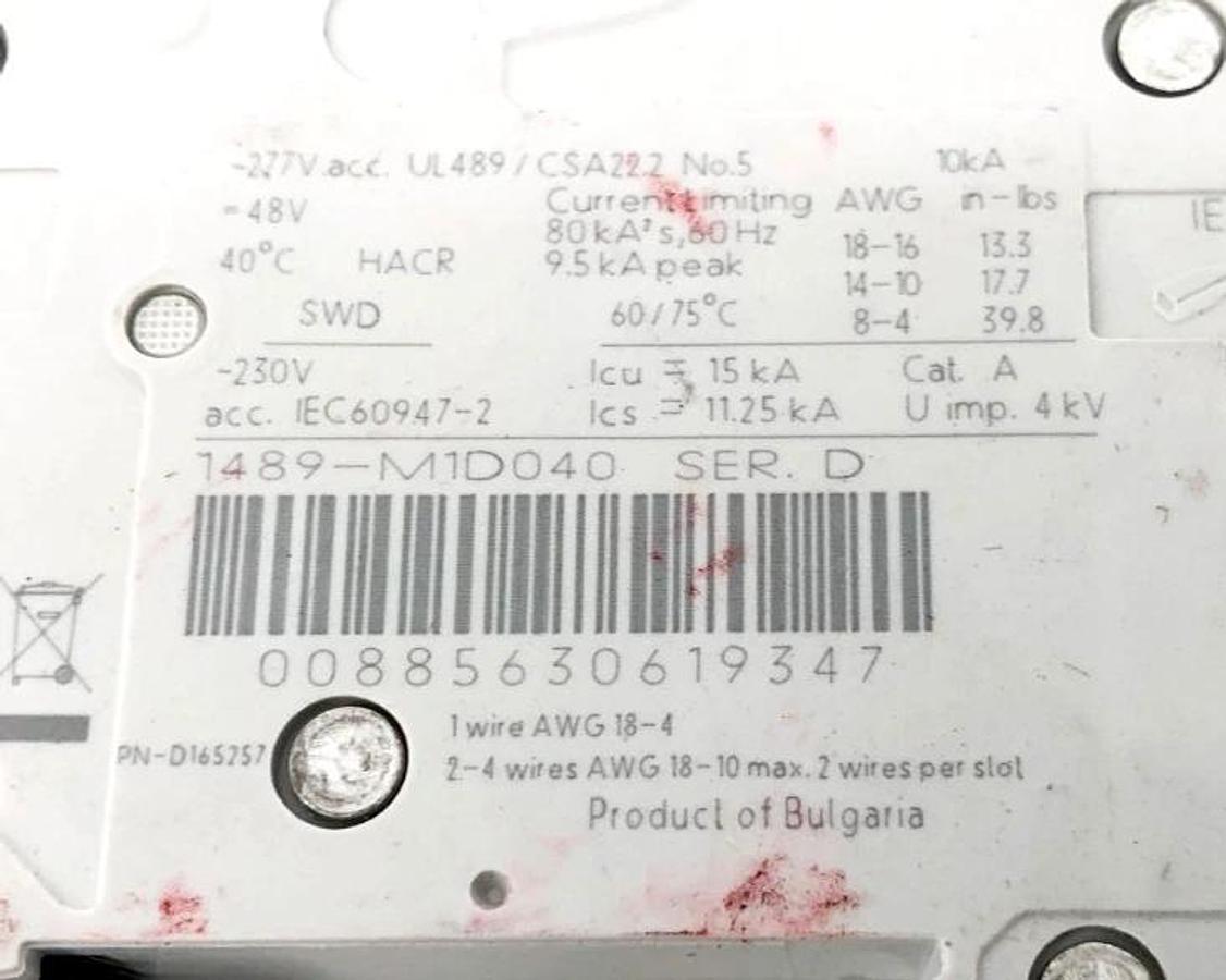 New Allen Bradley 1489-M1D040 Ser. D Circuit Breaker 4A 277VAC 1 Pole - No Box