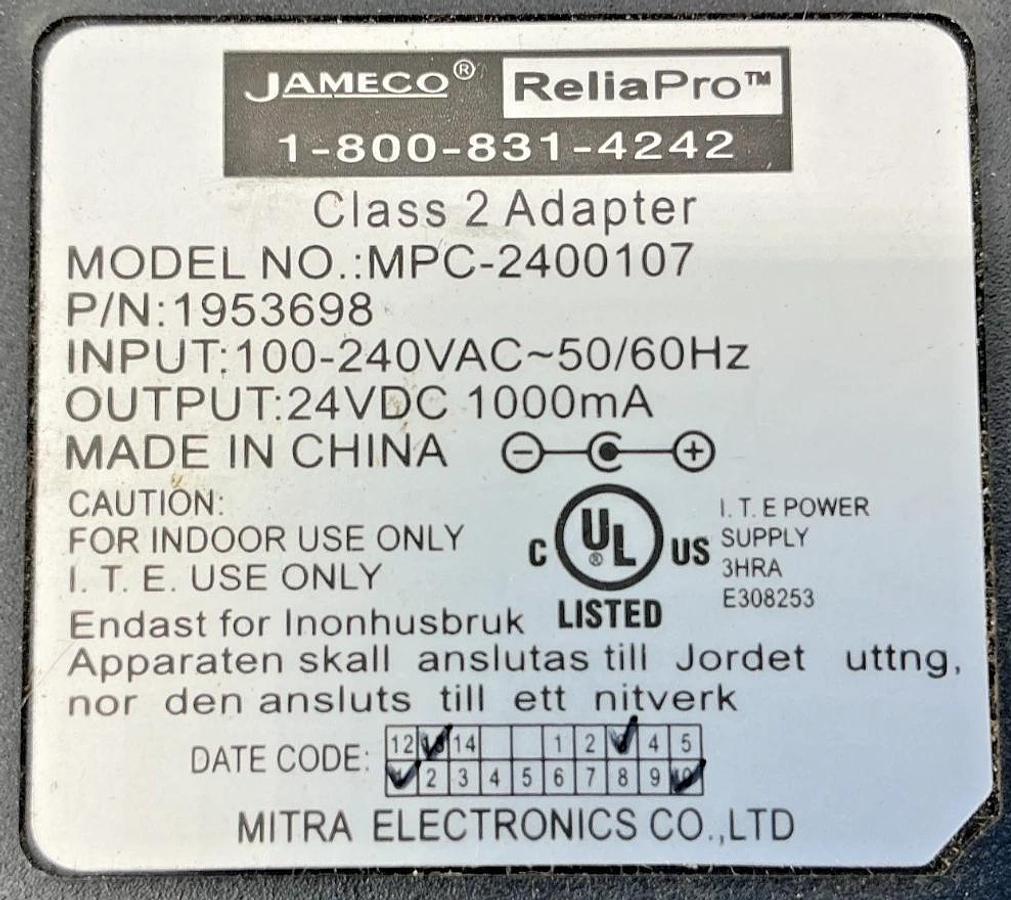 New Jameco EaliaPro 1953698 Class 2 Adapter 110-240VAC 50/60HZ - No Box