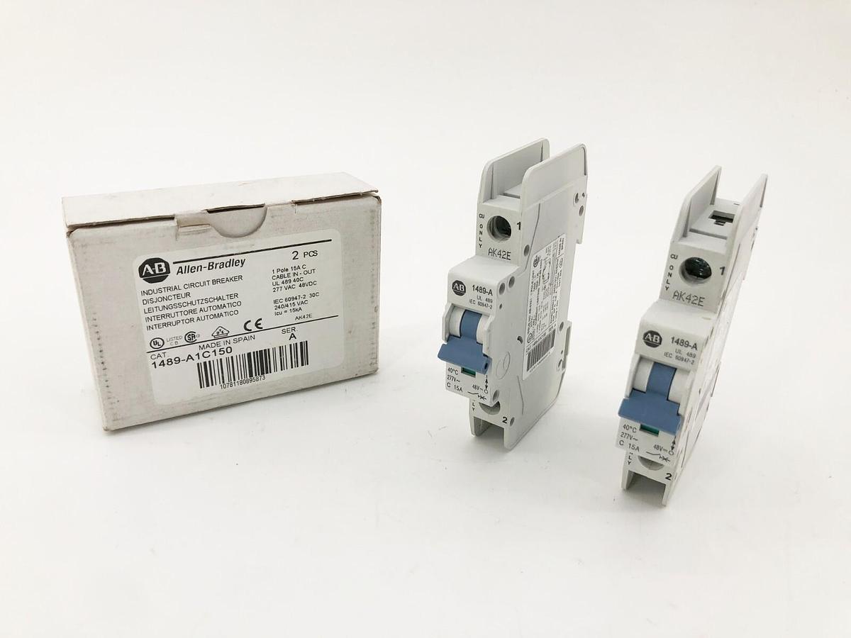Box of 2 New Allen-Bradley 1489-A1C150 Circuit Breakers 1P 15A 277VAC 48VDC