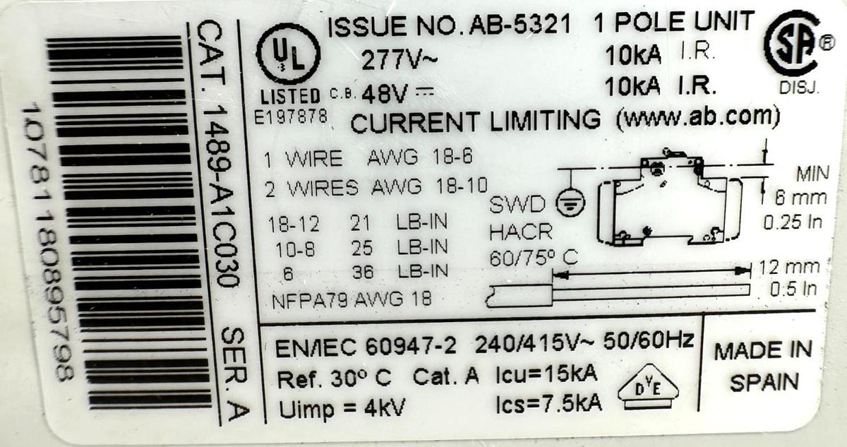 Lot of 2 Allen Bradley 1489-A1C030 Ser A Circuit Breaker 3A 48VDC 277AC 50/60HZ