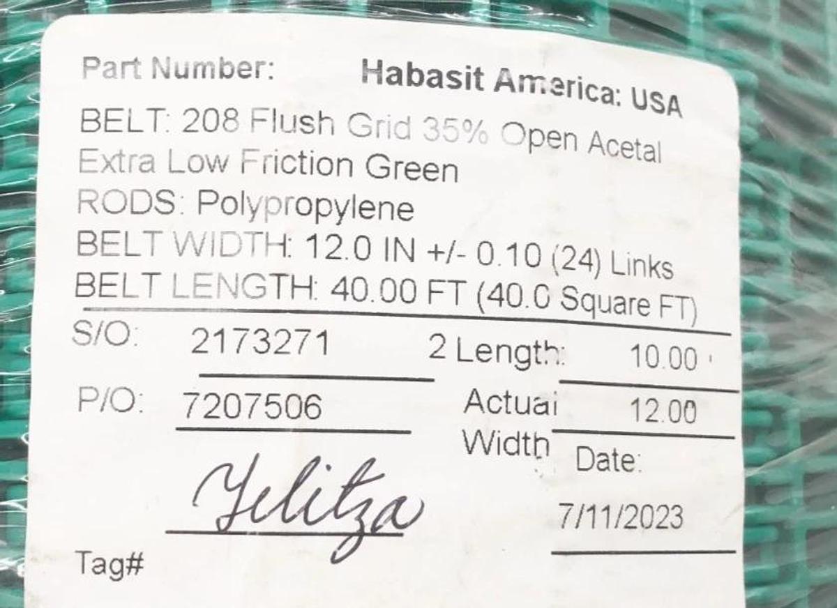 New Habasit 208 Flush Grid Acetal Green 35% Open 12" W x 10 FT. - No Box
