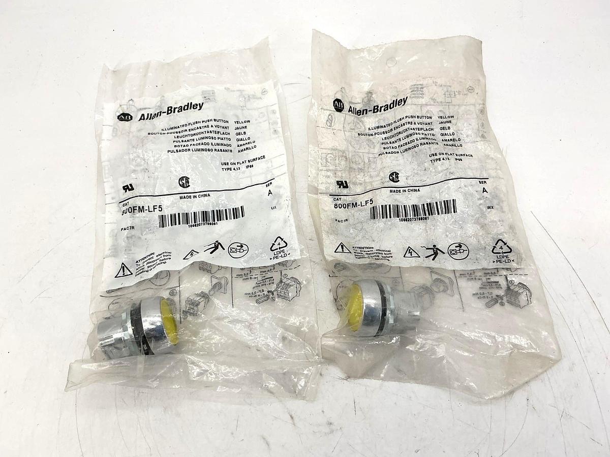 Lot of 2 New Allen Bradley 800FM-LF5 Ser A Illuminated Flush Push Button Yellow