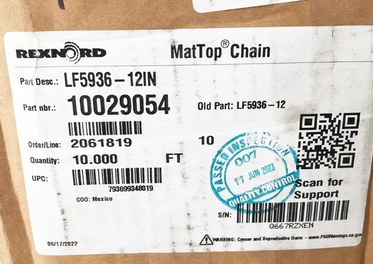 New Rexnord LF5936-12IN MatTop Chain 10 FT. 10029054 LF5936-12
