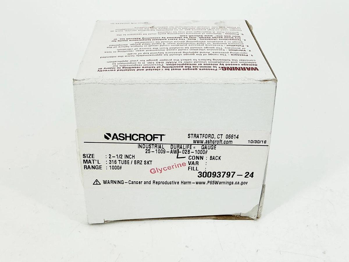 New Ashcroft 25-1009-AWL-02B-1000# Pressure Gauge 0-1000PSI 2.5" 1/4" NPT