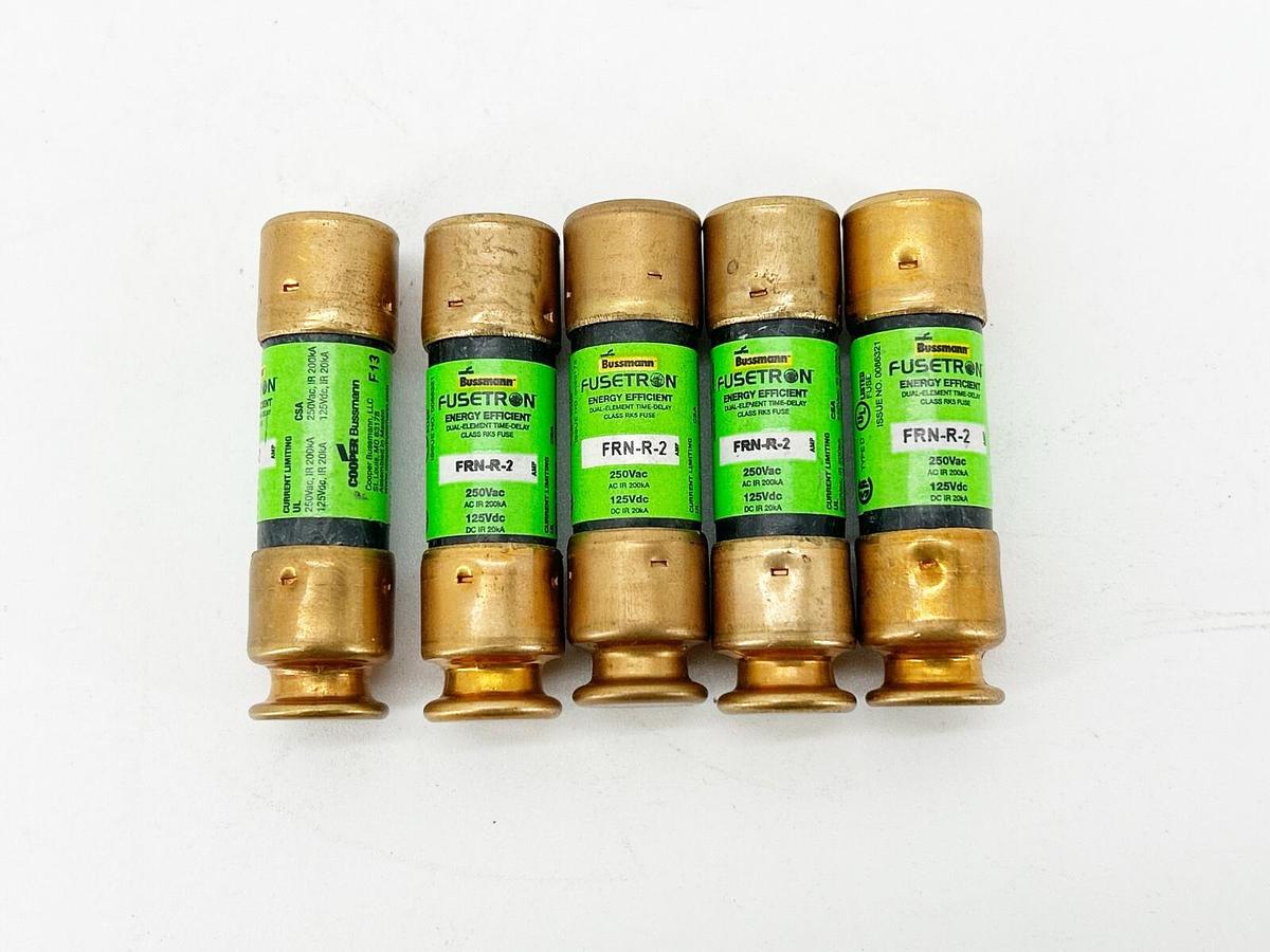 New Lot of 5 Bussmann FRN-R-2 Dual Element Time Delay Fuse 2A 250VAC 125VDC