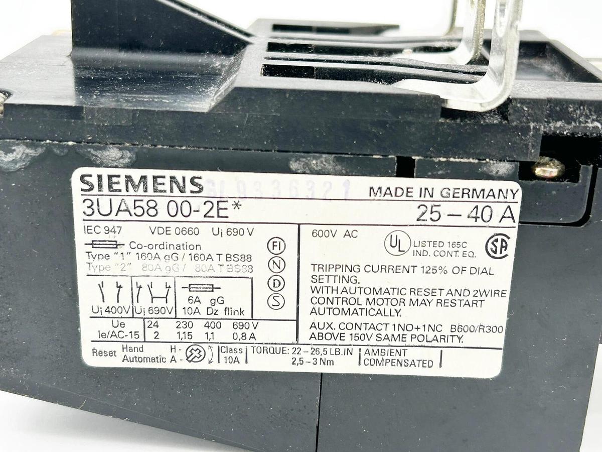 Used Siemens 3UA58 00-2E Solid State Overload Bimetal Relay 40A 600V