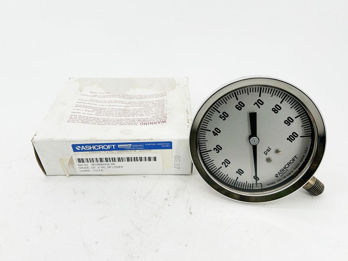 New Ashcroft 35-1009AW-02L-100 Pressure Gauge 3-1/2" Dial 0-100PSI 1/4"