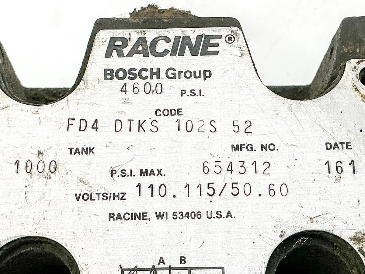 Used Racine Bosch FD4-DTKS-102S-52 Solenoid Valve 110/115V 654312