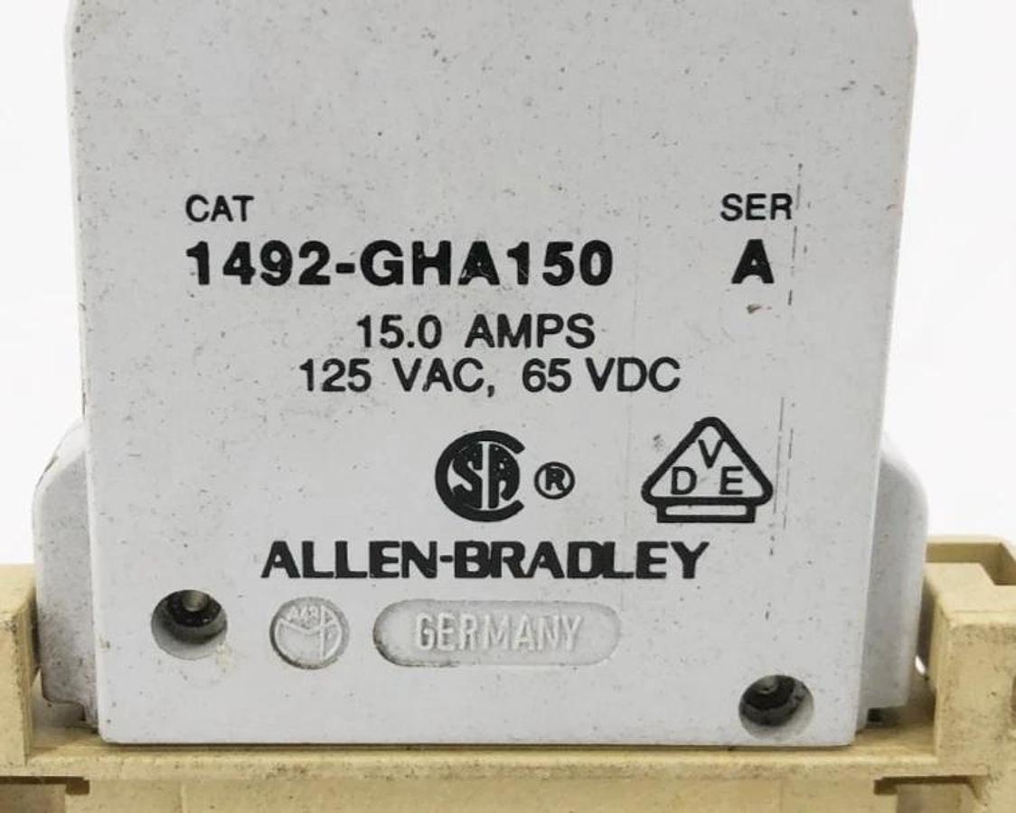 Used Allen-Bradley 1492-GHA150 Ser. A Circuit Breaker with ETA Base 15A 125VAC 65VDC