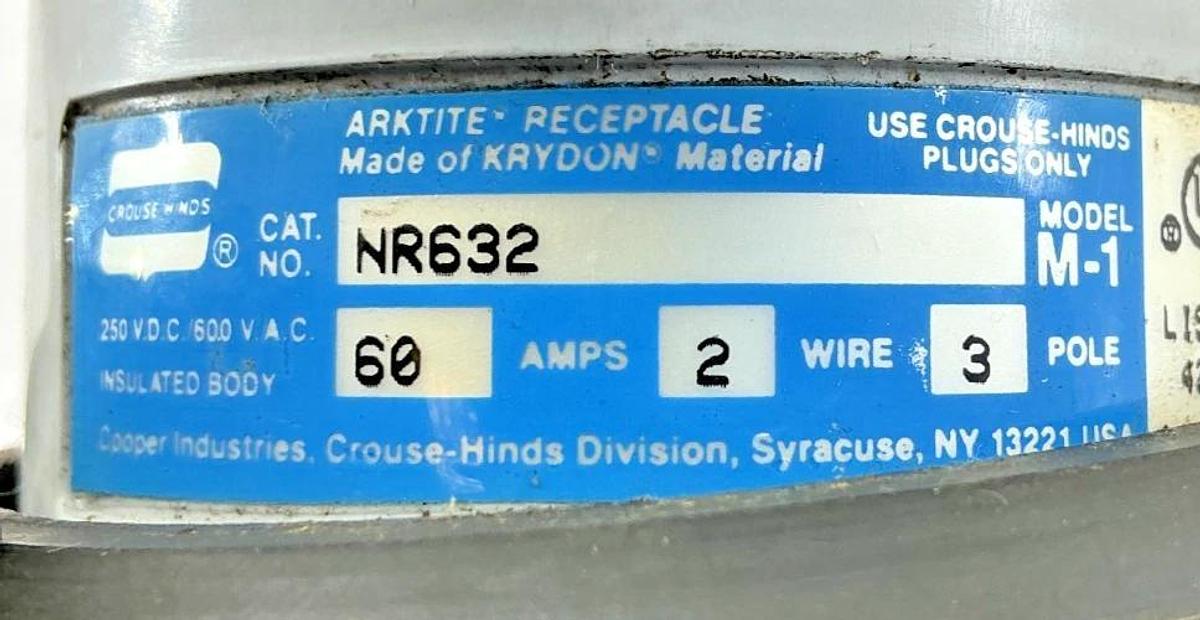 Used Crouse Hinds NR632 & NPJ6384 Pin & Sleeve Plug 2W 3P 60A 250VDC 600VAC